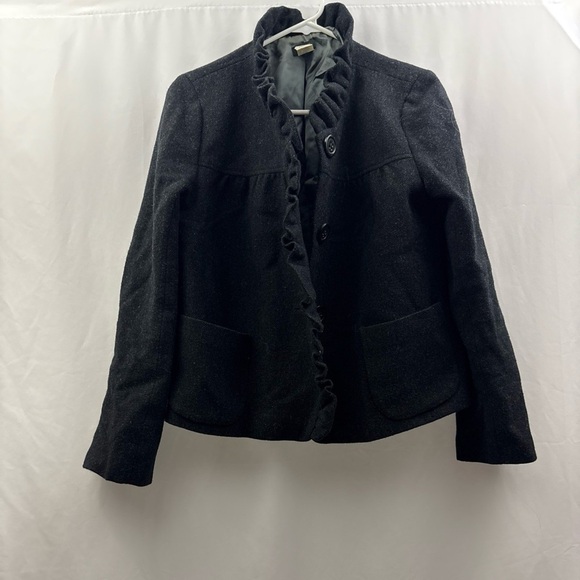J Crew Fiona Ruffle Black Wool Tweed Jacket Blazer Size 10 Buttons - Picture 2 of 13